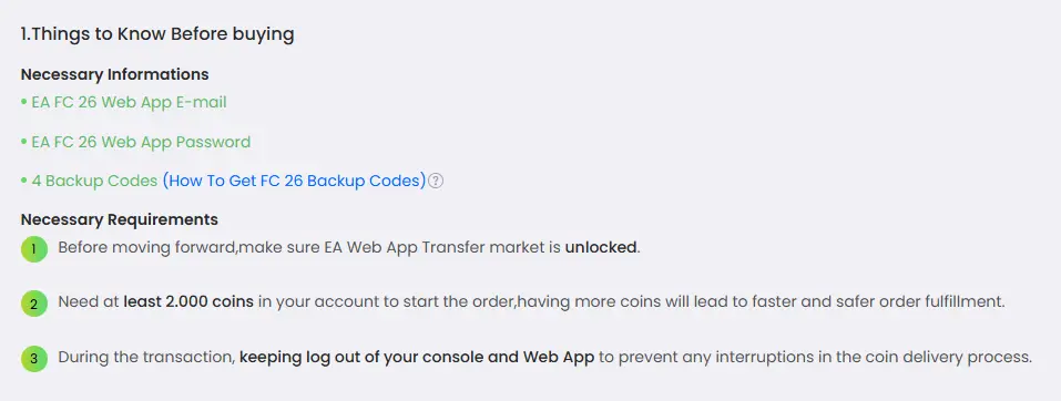 Checklist of account requirements to make a purchase.