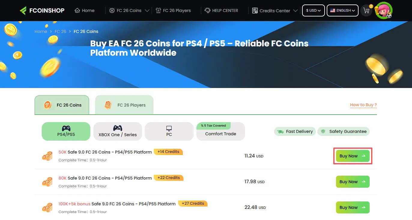 FC 26 Coins package selection page showing available amounts.