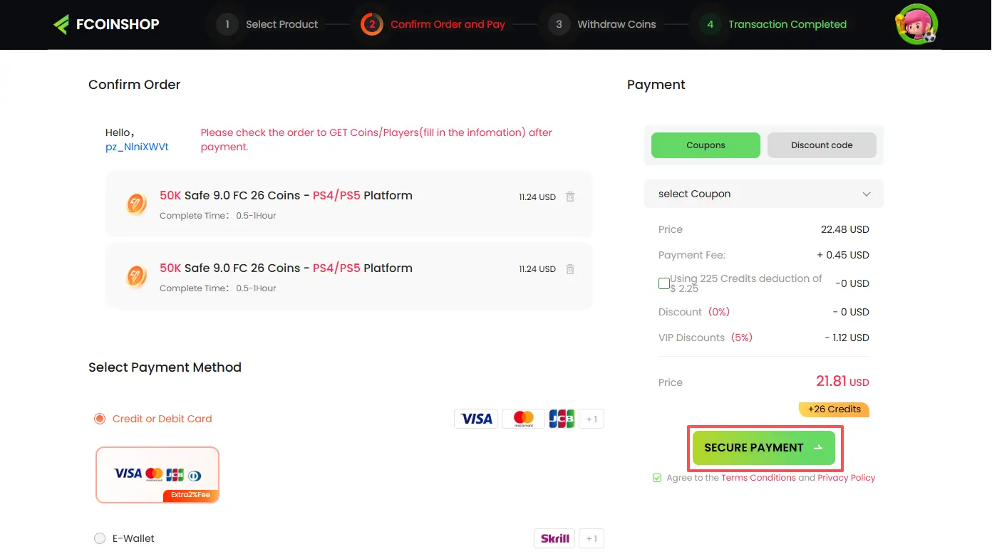 FcoinShop secure checkout page with multiple payment methods for FC 26 Coins.
