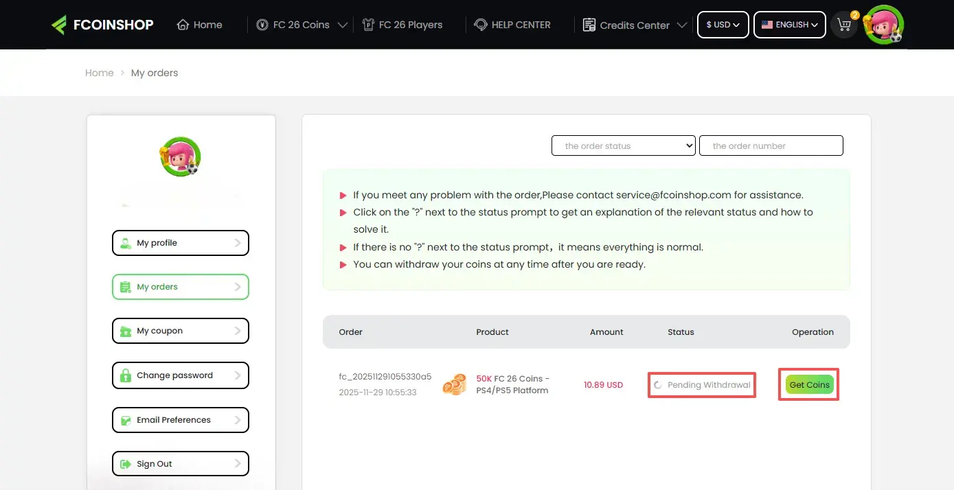 Order tracking page showing status and delivery progress.