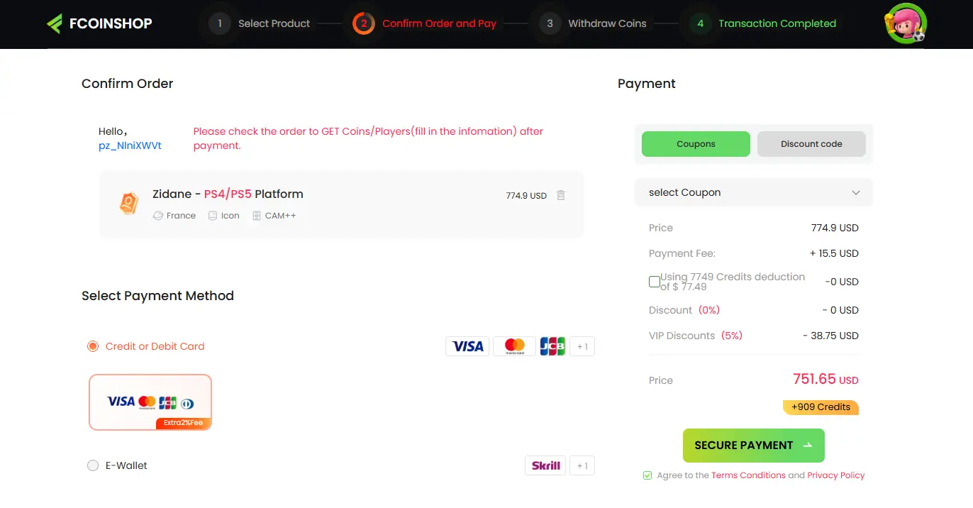 FcoinShop secure checkout page with multiple payment methods for FC 26 Coins.